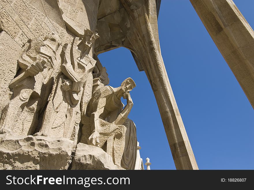 Passion facade (part) of Sagrada Familia(Gaudi's famous and uncompleted church) in Barcelona,Spain.