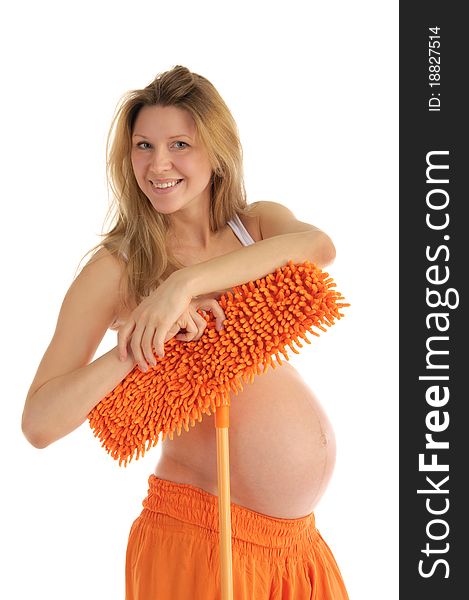 Happy pregnant woman with a mop isolated on white