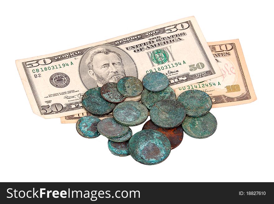 Antique russian coin and dollar