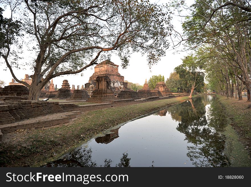 This is a remaining of an ancient city of Sukhothai, Thailand.