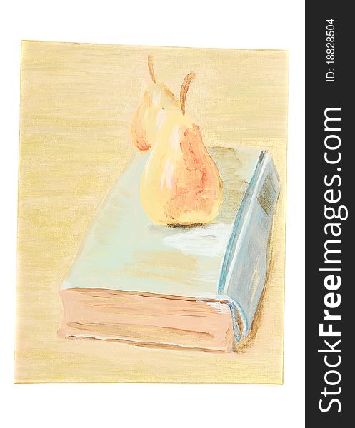 Art with pears and old book on the gold background on the white. Art with pears and old book on the gold background on the white.