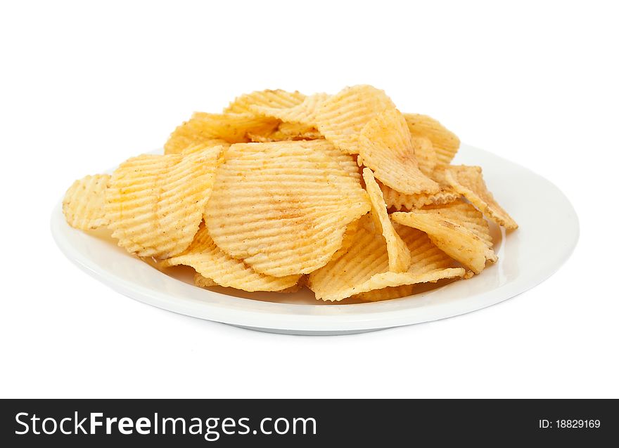 Potato chips on white background