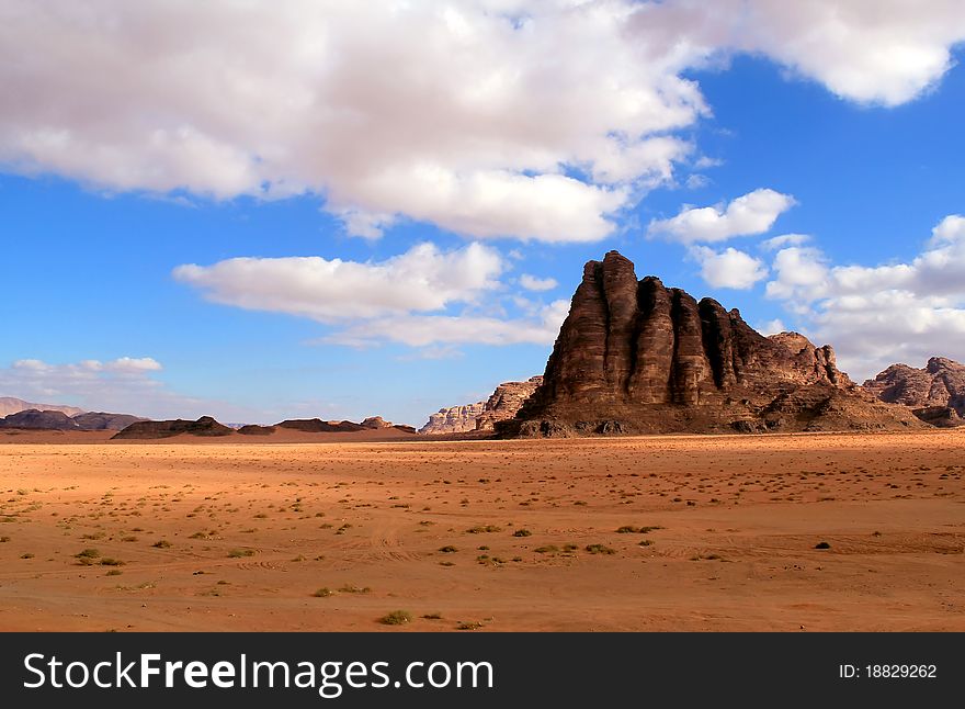 The Seven Pillars of Wisdom rock formation, Wadi Rum Desert beautiful landscape. Jordan. The Seven Pillars of Wisdom rock formation, Wadi Rum Desert beautiful landscape. Jordan.