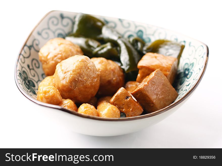 Meatball and smoked bean curd with soy sauce flavored. Meatball and smoked bean curd with soy sauce flavored.