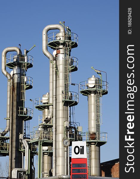 Oil and gas installation, towers, pipes and oil-sign. Oil and gas installation, towers, pipes and oil-sign