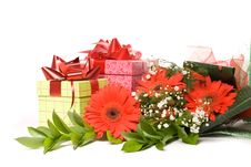Bouquet Gerbera And Present Boxes Stock Photos Bouquet Gerbera And Present Boxes Stock Photos