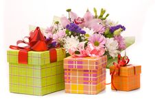 Bouquet And Present Boxes Stock Photography Bouquet And Present Boxes Stock Photography