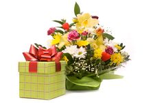Magnificent Bouquet And Present Box Royalty Free Stock Images