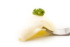 Slice Of Cheese With Parsley On Fork Stock Photo Slice Of Cheese With Parsley On Fork Stock Photo