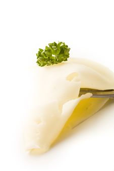 Slice Of Cheese With Parsley On Fork Stock Photos Slice Of Cheese With Parsley On Fork Stock Photos