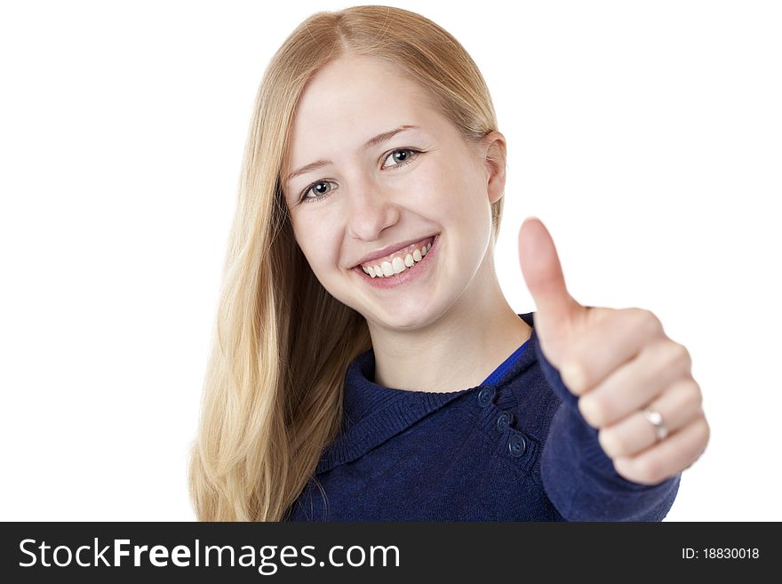 Young beautiful smiling woman shows thumb up. Isolated on white.