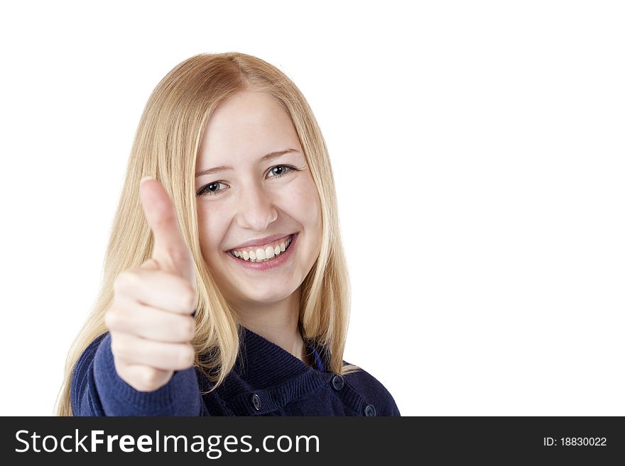 Young beautiful smiling woman shows thumb up. Isolated on white.