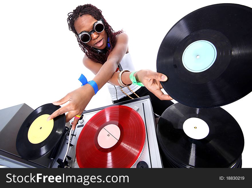 Cool afro american DJ in action isolated on white