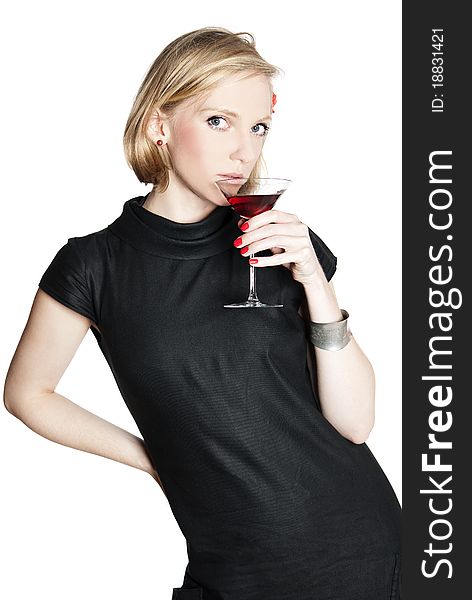 Young attractive woman in black dress holding a glass of red wine. Studio photo of blonde woman on white background. Young attractive woman in black dress holding a glass of red wine. Studio photo of blonde woman on white background.