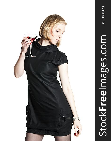 Young attractive woman in black dress holding a glass of red wine. Studio photo of blonde woman on white background. Young attractive woman in black dress holding a glass of red wine. Studio photo of blonde woman on white background.