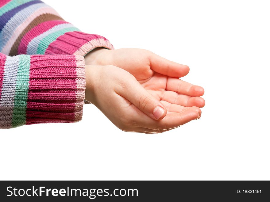 Little child hands open. Isolated on white background