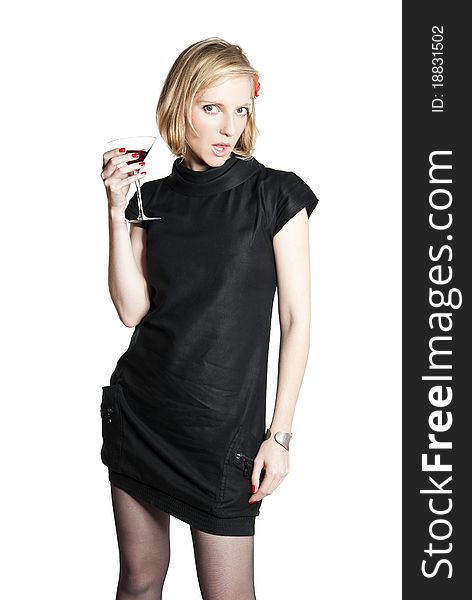 Young attractive woman in black dress holding a glass of red wine. Studio photo of blonde woman on white background. Young attractive woman in black dress holding a glass of red wine. Studio photo of blonde woman on white background.