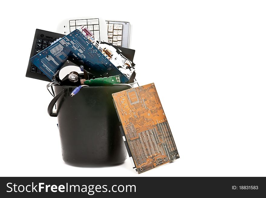Discarded, used and old computer hardvware. Isolated on white background. Discarded, used and old computer hardvware. Isolated on white background