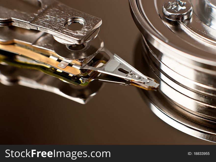 A close up macro of an opened harddrive. A close up macro of an opened harddrive