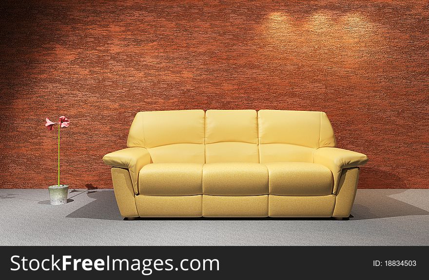 Creamy Modern Sofa 3D Rendering, in front of Rustic Wall