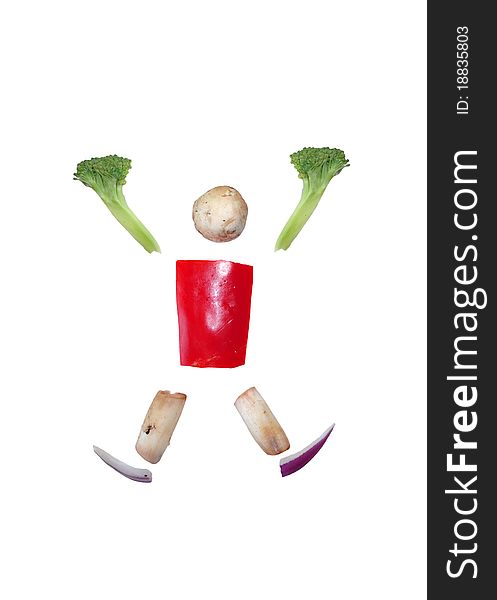 Isolated sliced vegetables in form of a happy jumping man (conceptual). Isolated sliced vegetables in form of a happy jumping man (conceptual)
