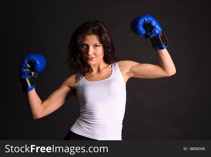 Young woman boxer poses with boxing gloves. Horizontal. Young woman boxer poses with boxing gloves. Horizontal.