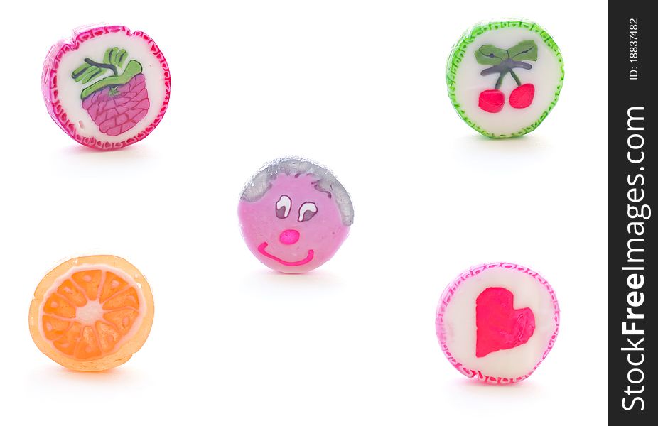 Five fruit candy on pink background. Five fruit candy on pink background.