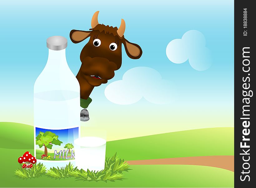 Template with a bottle and glass of milk, a funny cow head in the background, vector format. Template with a bottle and glass of milk, a funny cow head in the background, vector format