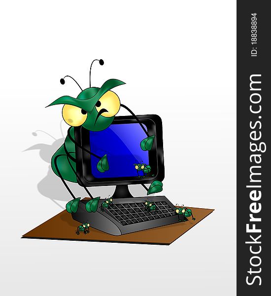 Illustration with a computer infected with bugs, vector format. Illustration with a computer infected with bugs, vector format