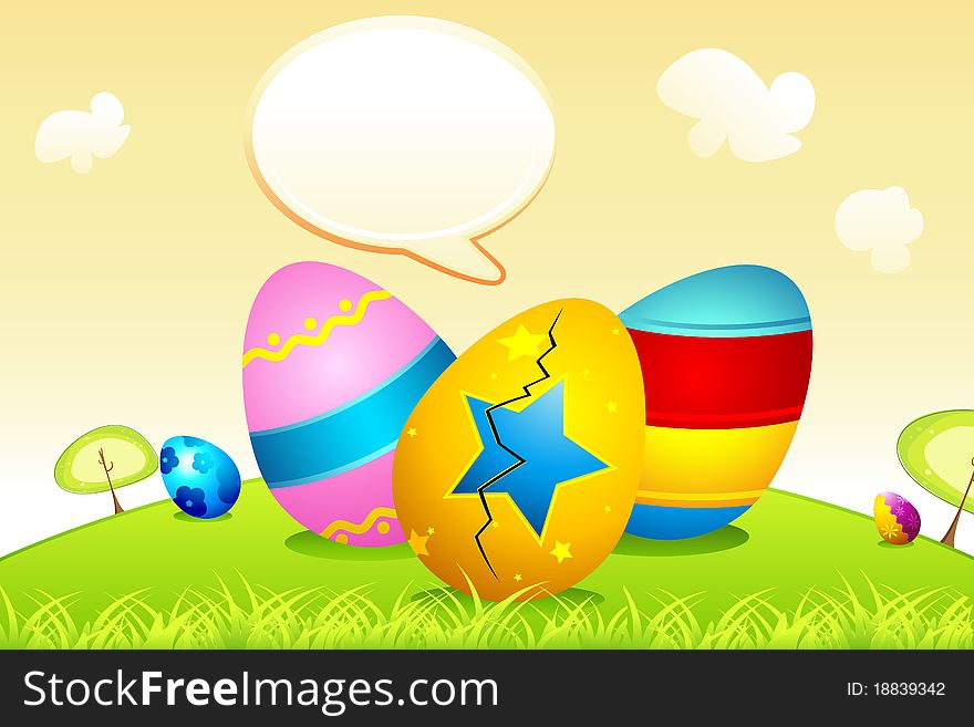 Illustration of colorful decorated easter eggs with speech bubble on meadow