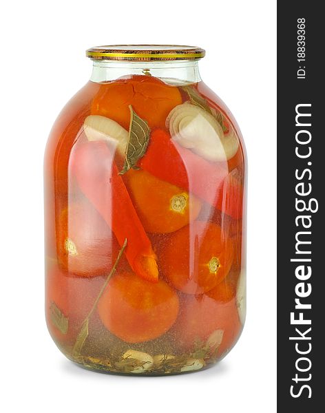 Glass jar with homemade marinated tomatoes  isolated on the white background