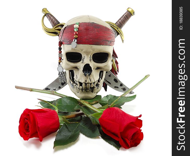 Skull and red rose isolated on white background