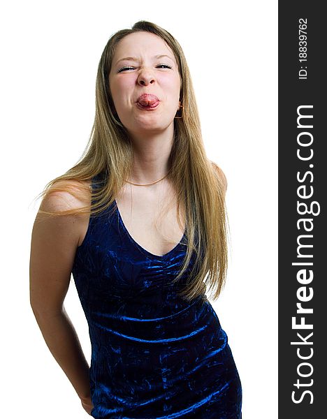 The fun girl in blue dress. Isolation on a white background