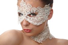 Woman With Tender Face In Lace Mask Over Her Eyes Royalty Free Stock Photography Woman With Tender Face In Lace Mask Over Her Eyes Royalty Free Stock Photography