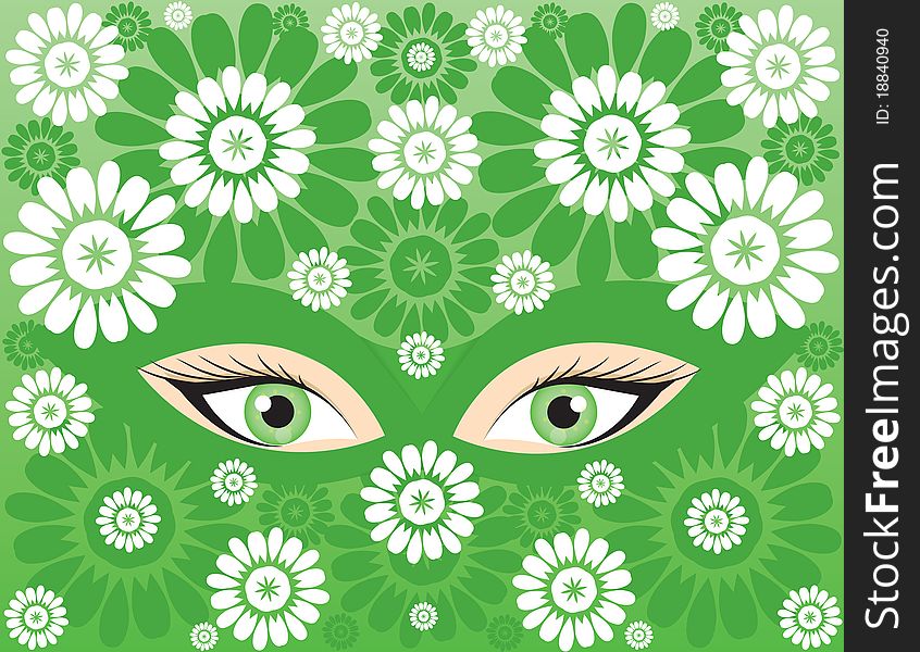 Eyes of spring are in a mask and flowers