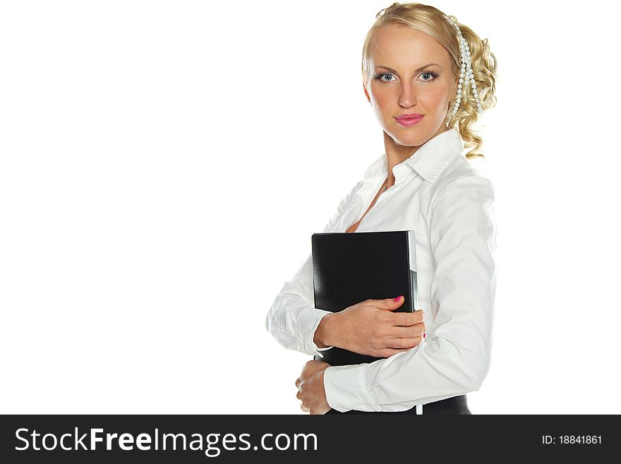 Ive young businesswoman smiling with a folder on his chest isolated on a white background. Ive young businesswoman smiling with a folder on his chest isolated on a white background