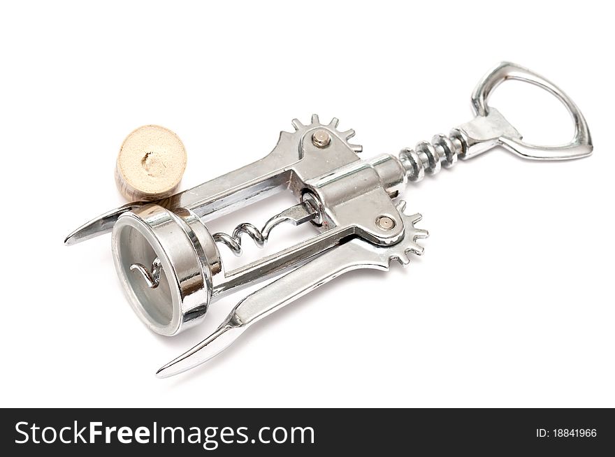 Bottle opener corkscrew over white background