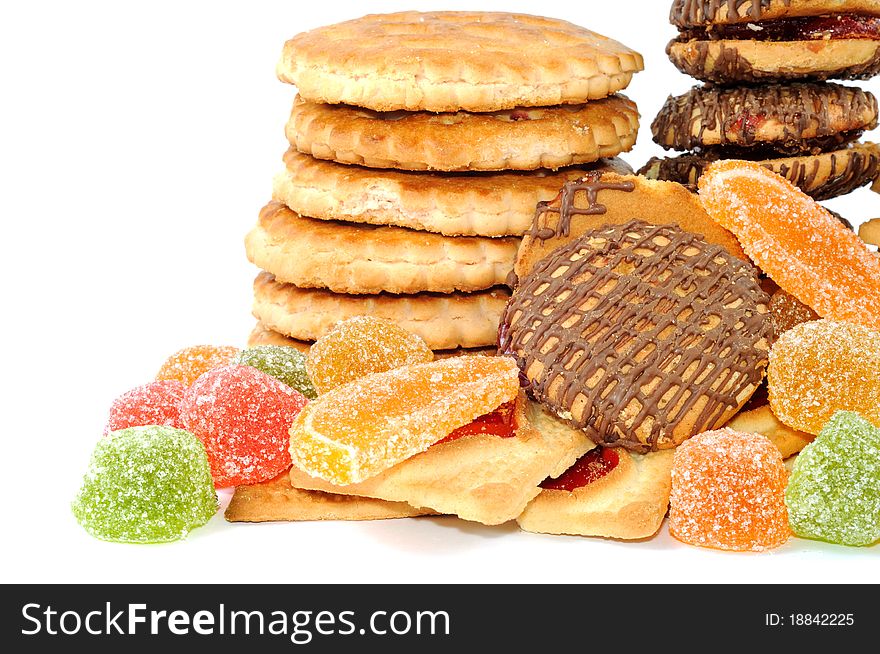 Cookies and jelly candy , on a white background