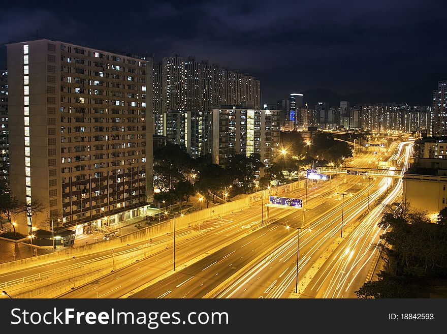 Hong Kong Night Scene With Traffic Light