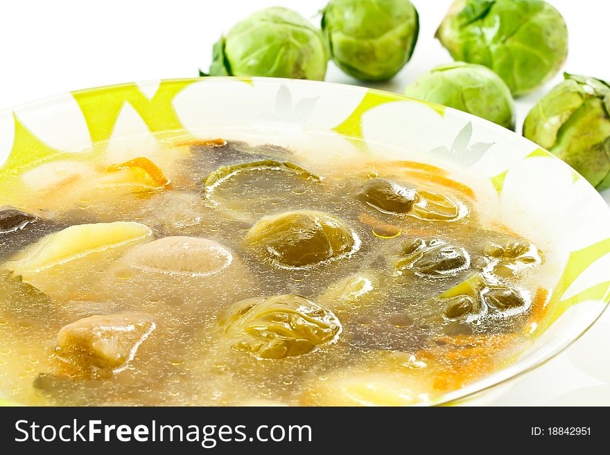 Vegetable soup with mushrooms and brussels sprouts