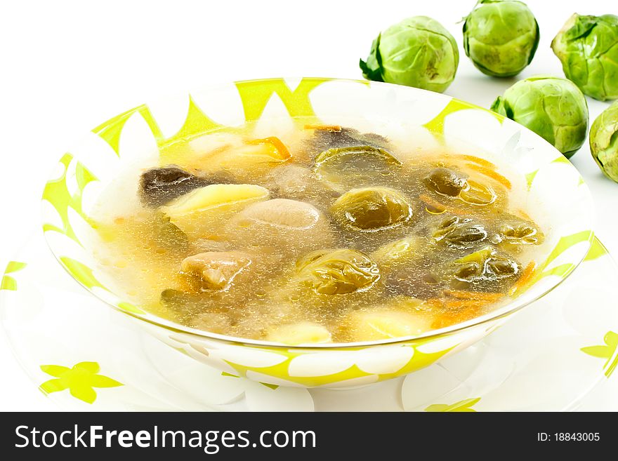 Vegetable soup with mushrooms and brussels sprouts