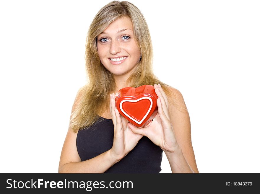 Smiling Young Woman Holding a Heart