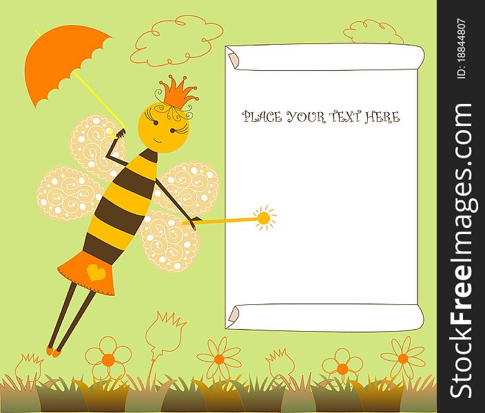 Postcard with a bee-fairy and magic wand