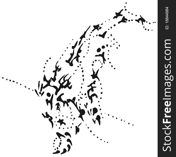 Stylized black-and-white diving whale, drawn with black dots and strokes. Isolated on white. Stylized black-and-white diving whale, drawn with black dots and strokes. Isolated on white