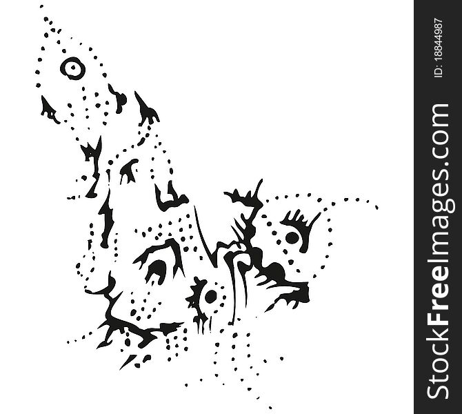 Stylized black-and-white uprising pointer, drawn with black dots and strokes. Isolated on white. Stylized black-and-white uprising pointer, drawn with black dots and strokes. Isolated on white
