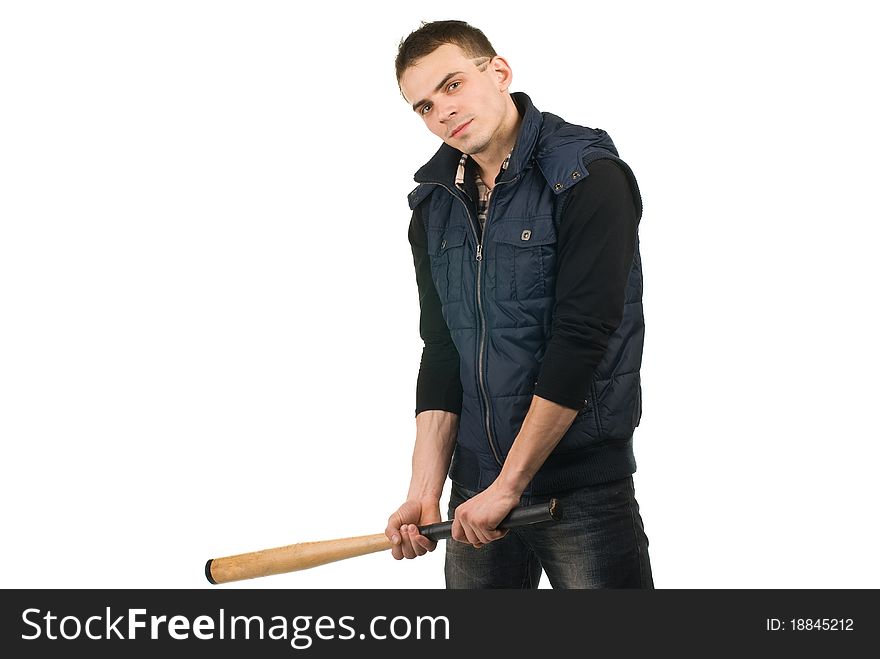 Young man with baseball bat isolated on white background