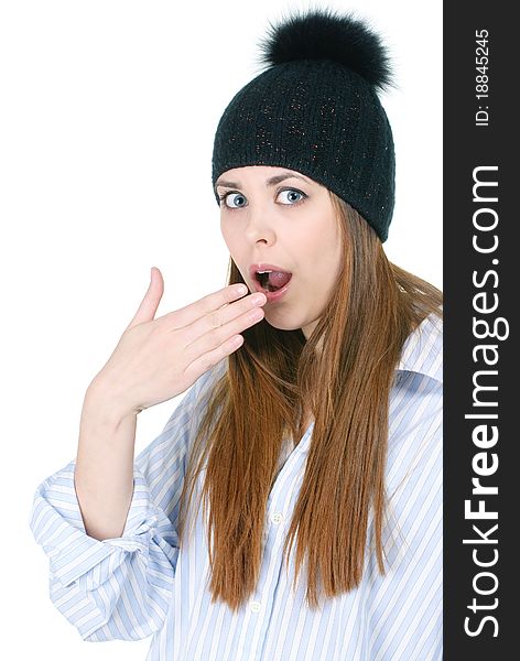 Young beautiful woman wearing shirt and cup yawning. Young beautiful woman wearing shirt and cup yawning