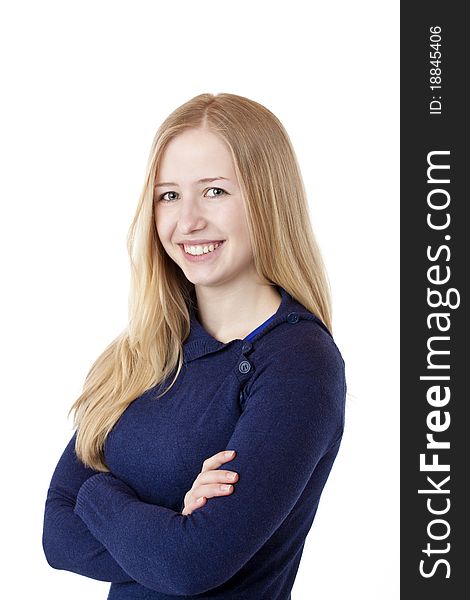 Young beautiful woman smiles happy at camera.