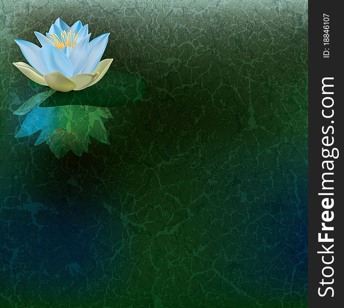 Abstract floral illustration with blue lotus on green