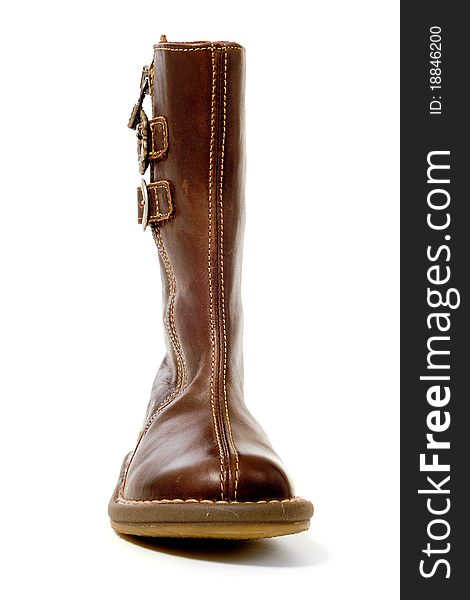 A brown high boot. Taken on a white background.